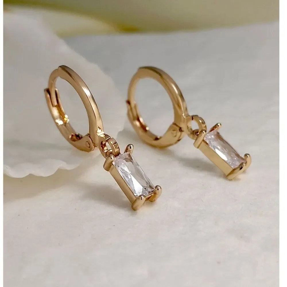 Clear Zirconia Crystal Pendant Drop Hoop Earrings Gold Dangle Gemstone Charm
